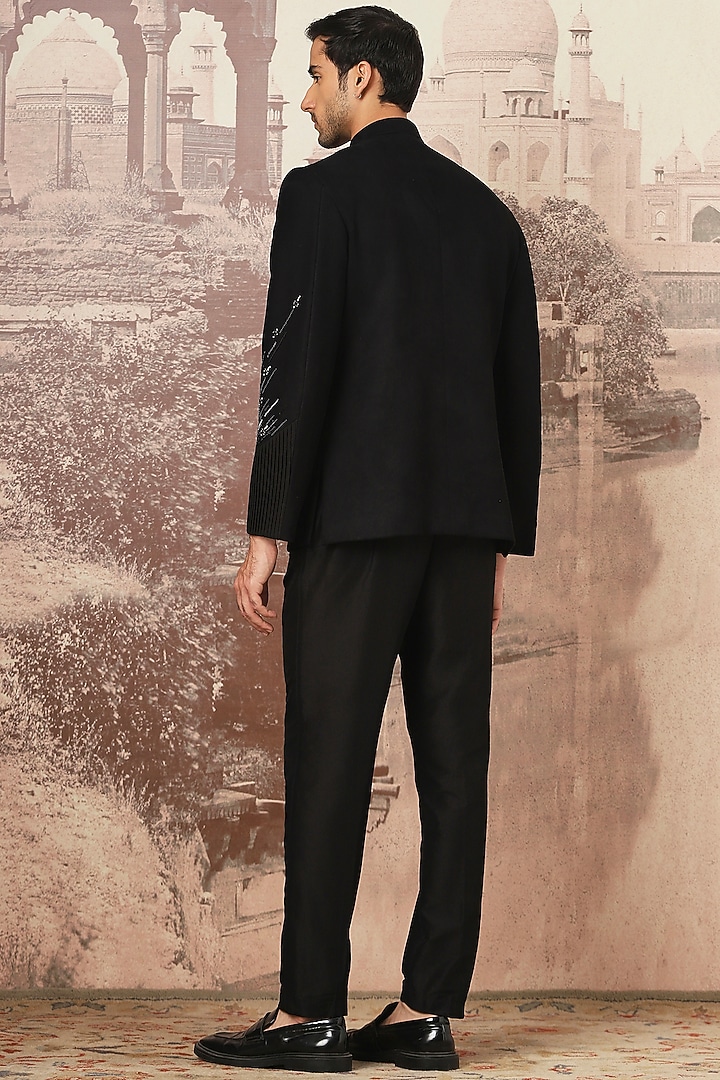 Midnight Black Suede Hand Embroidered Asymmetric Wedding Bandhgala Set by ASUKA at Pernia's Pop Up Shop