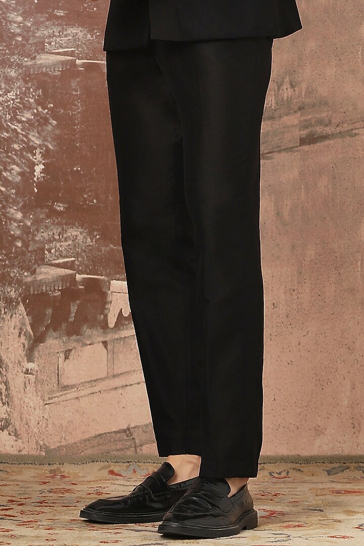 Midnight Black Suede Hand Embroidered Asymmetric Wedding Bandhgala Set by ASUKA at Pernia's Pop Up Shop