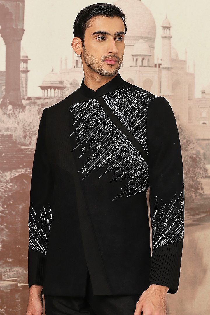 Midnight Black Suede Hand Embroidered Asymmetric Wedding Bandhgala Set by ASUKA at Pernia's Pop Up Shop