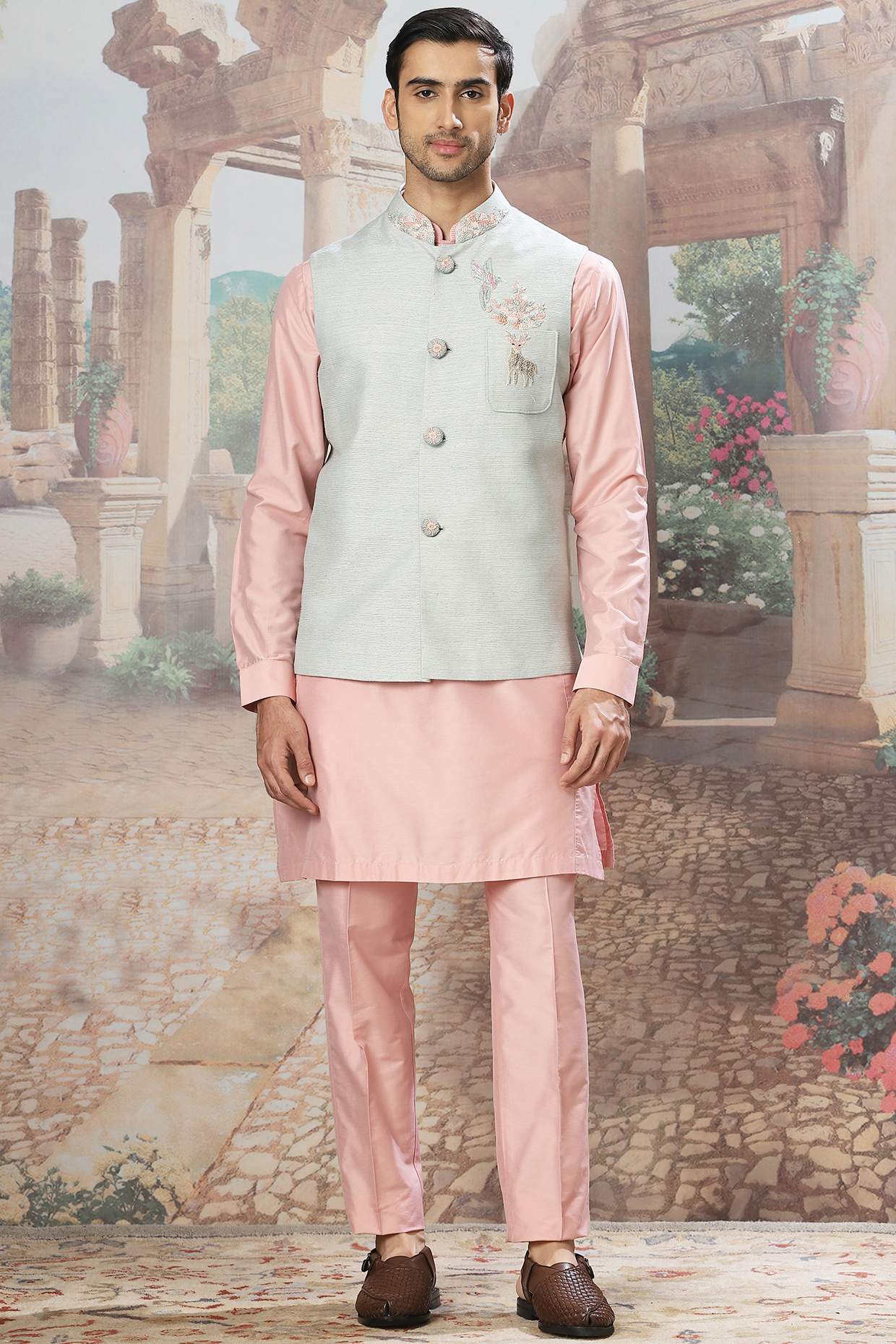 Light Green Woven Linen Zardosi Hand Embroidered Bundi Jacket Set by ASUKA