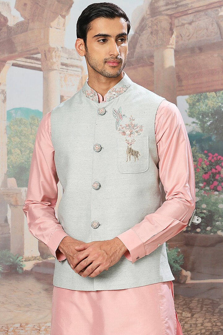 Light Green Woven Linen Zardosi Hand Embroidered Bundi Jacket Set by ASUKA at Pernia's Pop Up Shop