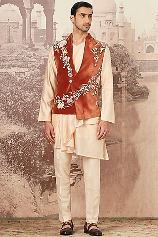 Rust Velvet Floral Applique Embroidered Bundi Jacket Set by ASUKA