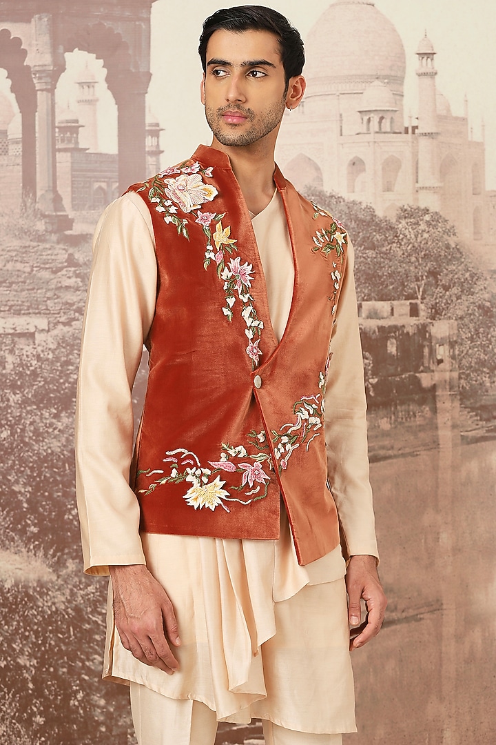 Rust Velvet Floral Applique Embroidered Bundi Jacket Set by ASUKA at Pernia's Pop Up Shop