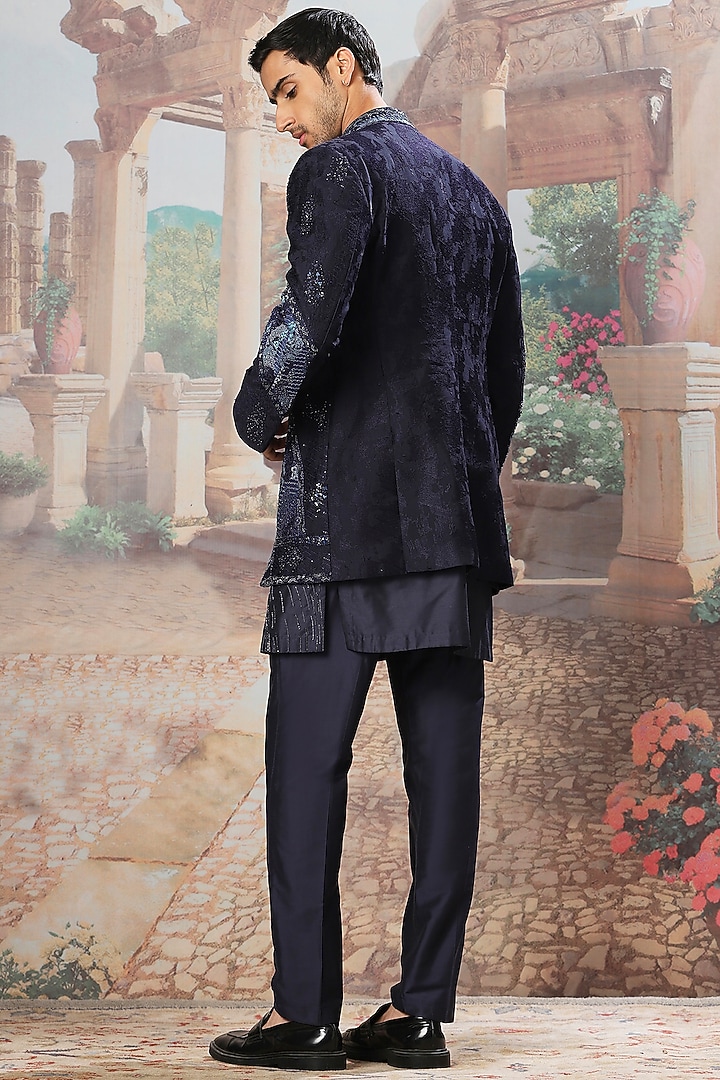 Stellar Blue Chanderi Cutdana Groom Indowestern Set by ASUKA at Pernia's Pop Up Shop