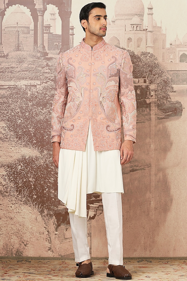 Peach Linen Kashmiri Embroidered Bandhgala Set by ASUKA