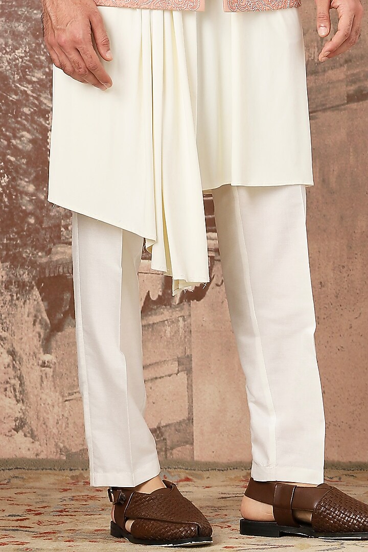 Peach Linen Kashmiri Embroidered Wedding Bandhgala Set by ASUKA at Pernia's Pop Up Shop