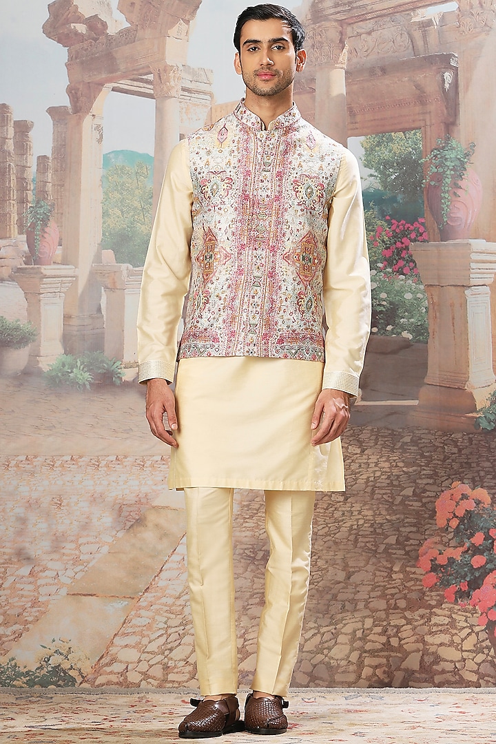 Yellow Raw Silk Digital Printed & Mirror Embroidered Bundi Jacket Set by ASUKA