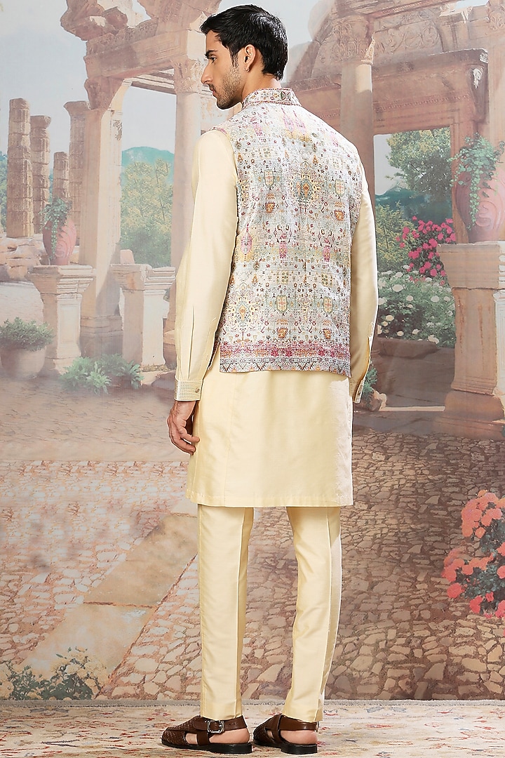 Yellow Raw Silk Digital Printed & Mirror Embroidered Bundi Jacket Set by ASUKA at Pernia's Pop Up Shop