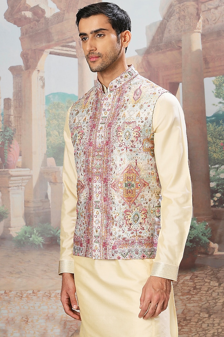Yellow Raw Silk Digital Printed & Mirror Embroidered Bundi Jacket Set by ASUKA at Pernia's Pop Up Shop
