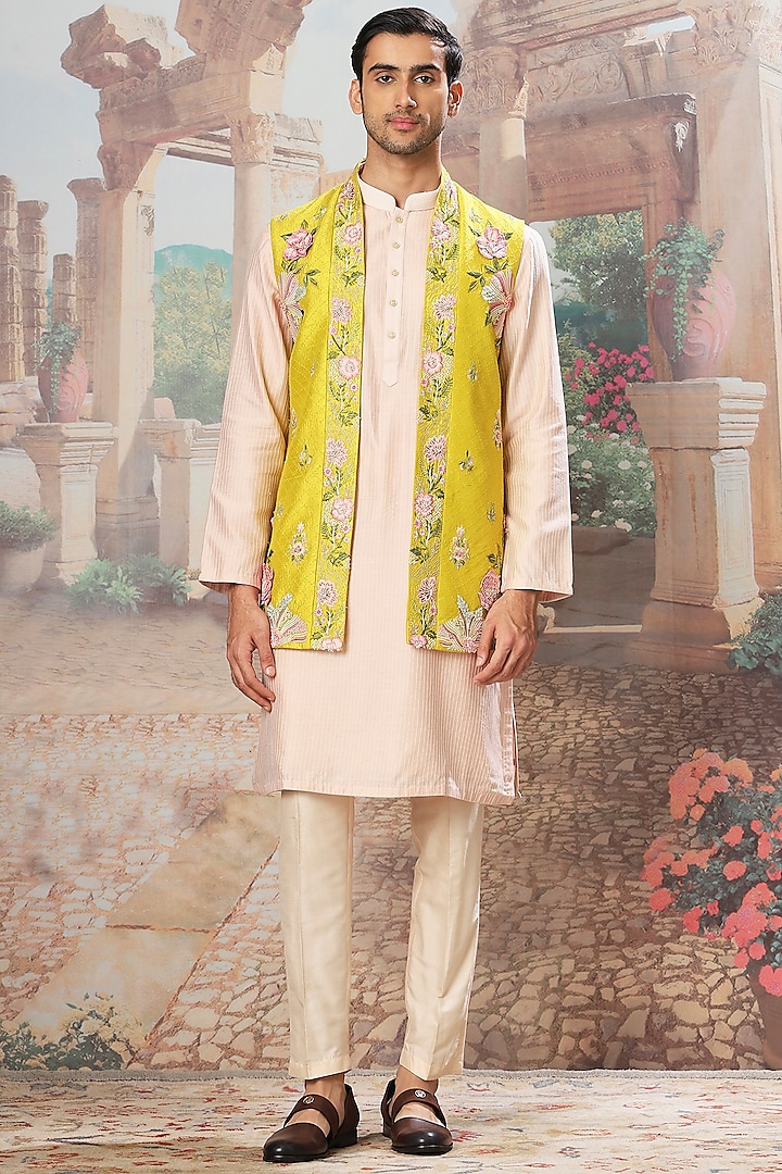 Sunlit Yellow Raw Silk Thread Embroidered Bundi Jacket Set by ASUKA