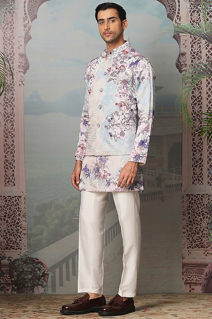 Sky Blue Silk Digital Printed & Resham Embroidered Bundi Jacket Set by ASUKA at Pernia's Pop Up Shop
