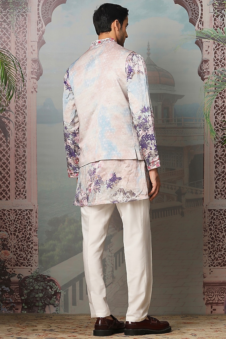 Sky Blue Silk Digital Printed & Resham Embroidered Bundi Jacket Set by ASUKA at Pernia's Pop Up Shop