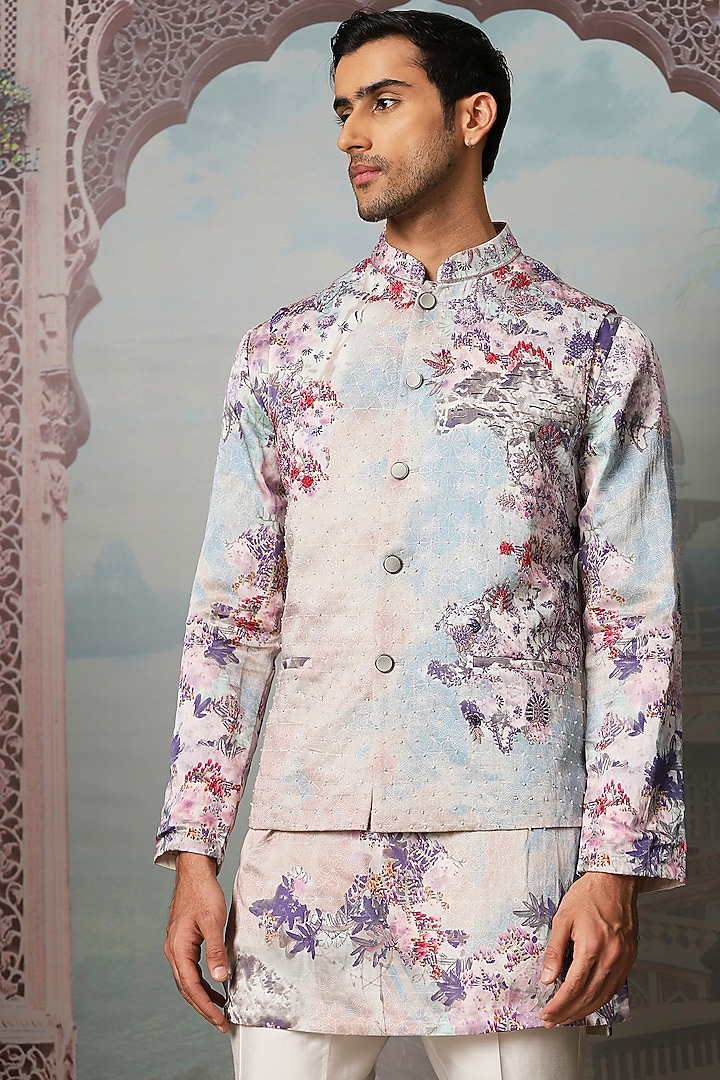 Sky Blue Silk Digital Printed & Resham Embroidered Bundi Jacket Set by ASUKA at Pernia's Pop Up Shop
