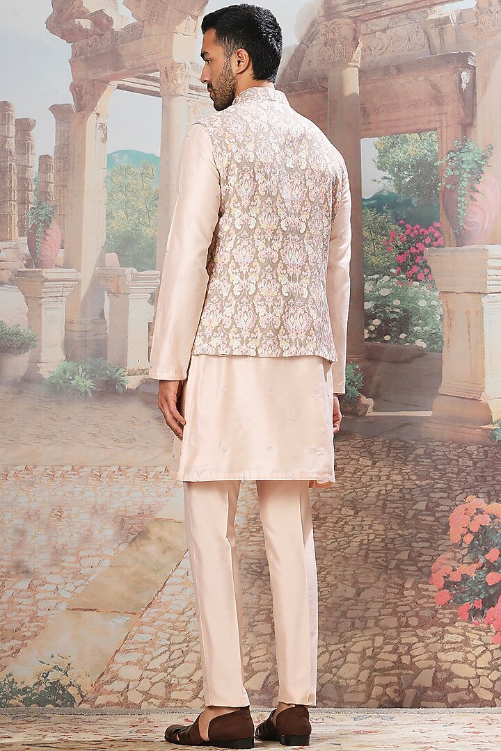 Beige Chanderi Silk Printed & Resham Embroidered Bundi Jacket Set by ASUKA at Pernia's Pop Up Shop