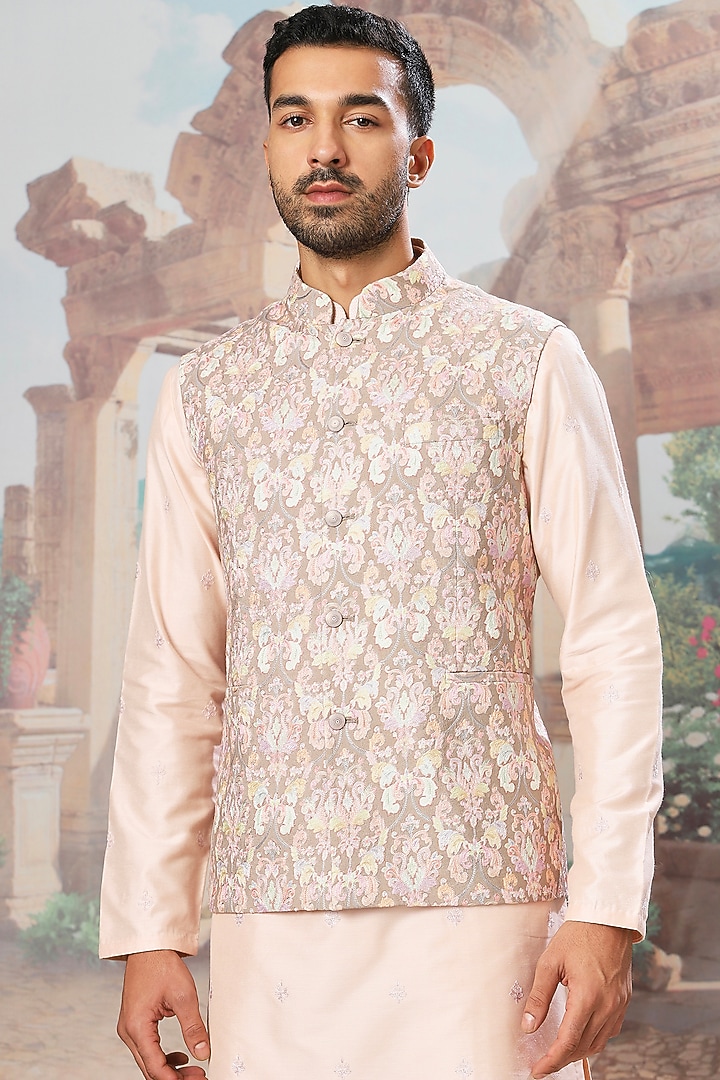 Beige Chanderi Silk Printed & Resham Embroidered Bundi Jacket Set by ASUKA at Pernia's Pop Up Shop