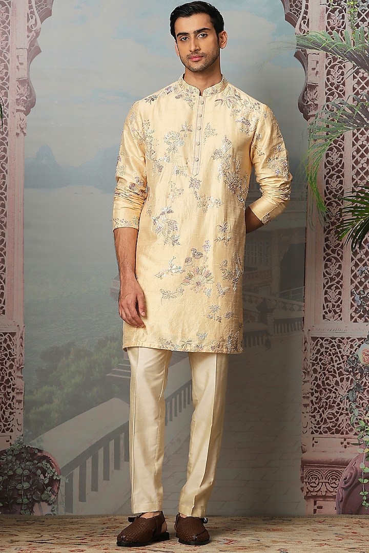 Beige Raw Silk Resham Embroidered Kurta Set by ASUKA at Pernia's Pop Up Shop