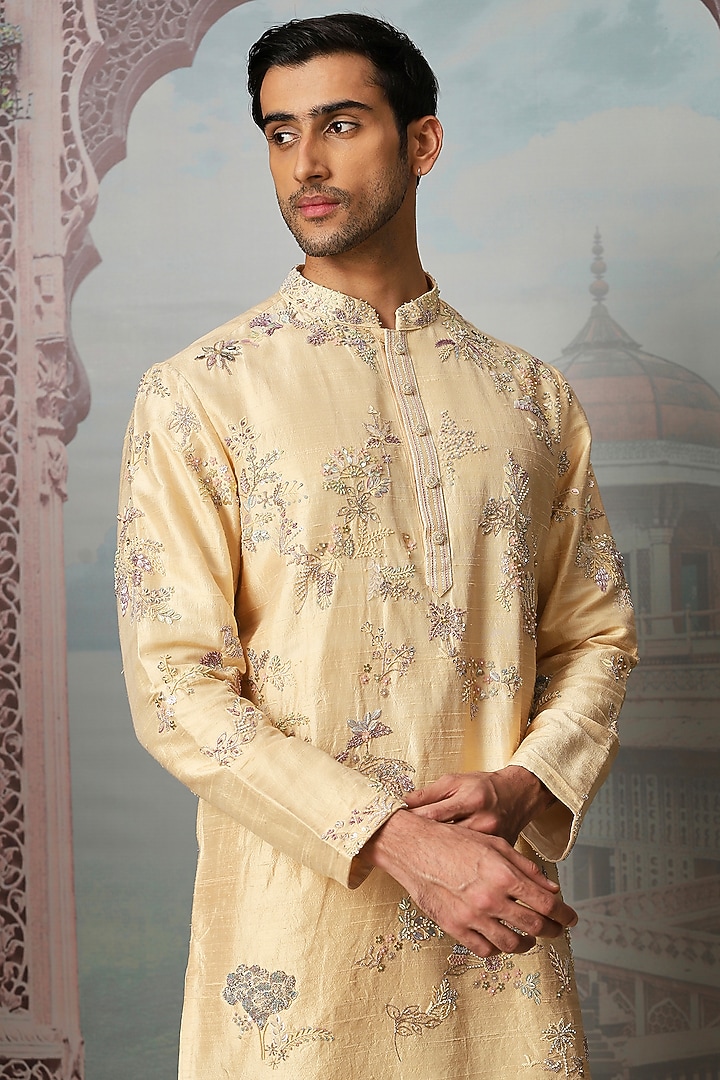 Beige Raw Silk Resham Embroidered Kurta Set by ASUKA at Pernia's Pop Up Shop
