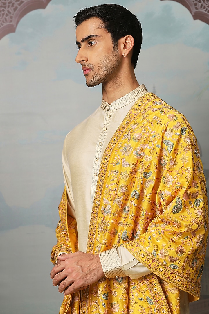 Saffron Gold Silk Resham Embroidered Stole by ASUKA at Pernia's Pop Up Shop