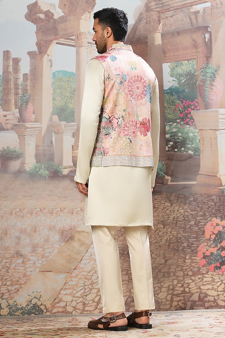 Pink Linen Satin Digital Printed & Sequins Embroidered Bundi Jacket Set by ASUKA at Pernia's Pop Up Shop