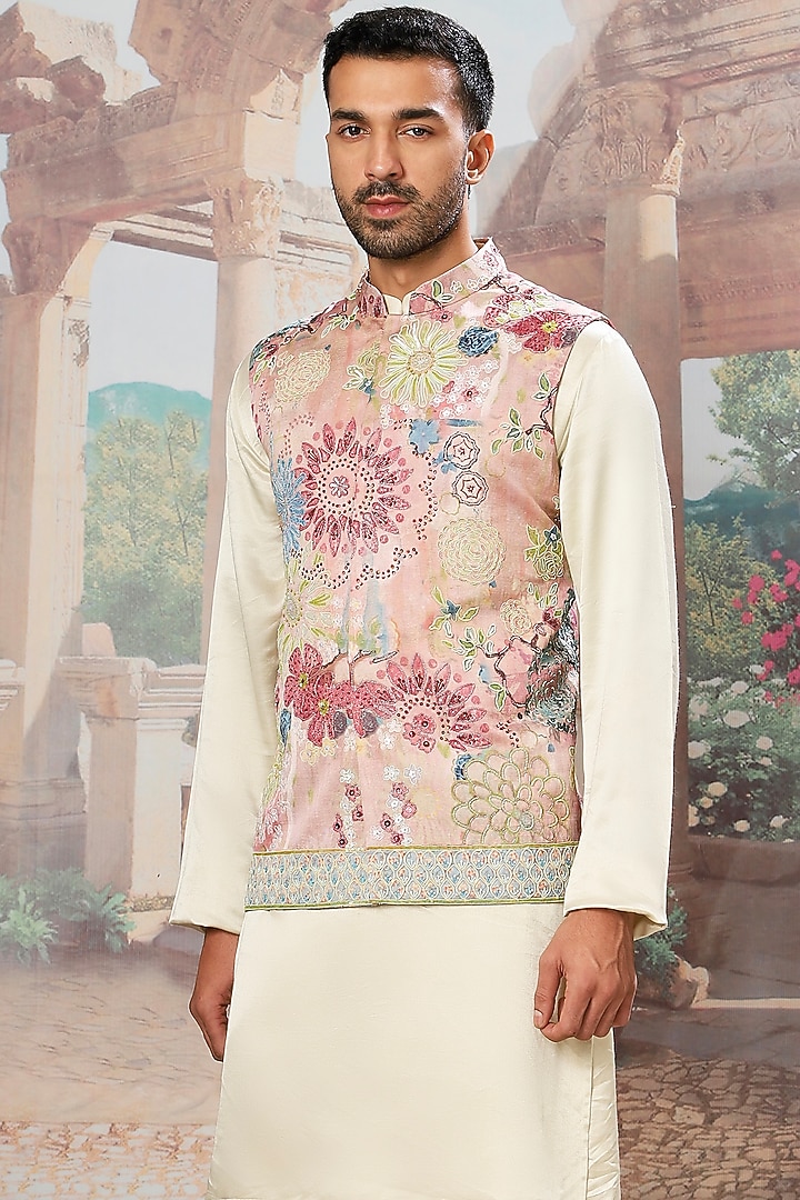 Pink Linen Satin Digital Printed & Sequins Embroidered Bundi Jacket Set by ASUKA at Pernia's Pop Up Shop