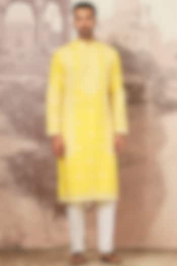 Yellow Chanderi Silk Thread Embroidered Kurta Set by ASUKA