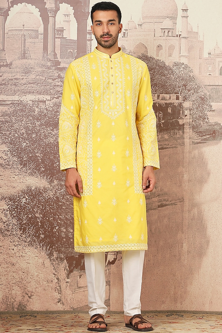 Yellow Chanderi Silk Thread Embroidered Kurta Set by ASUKA