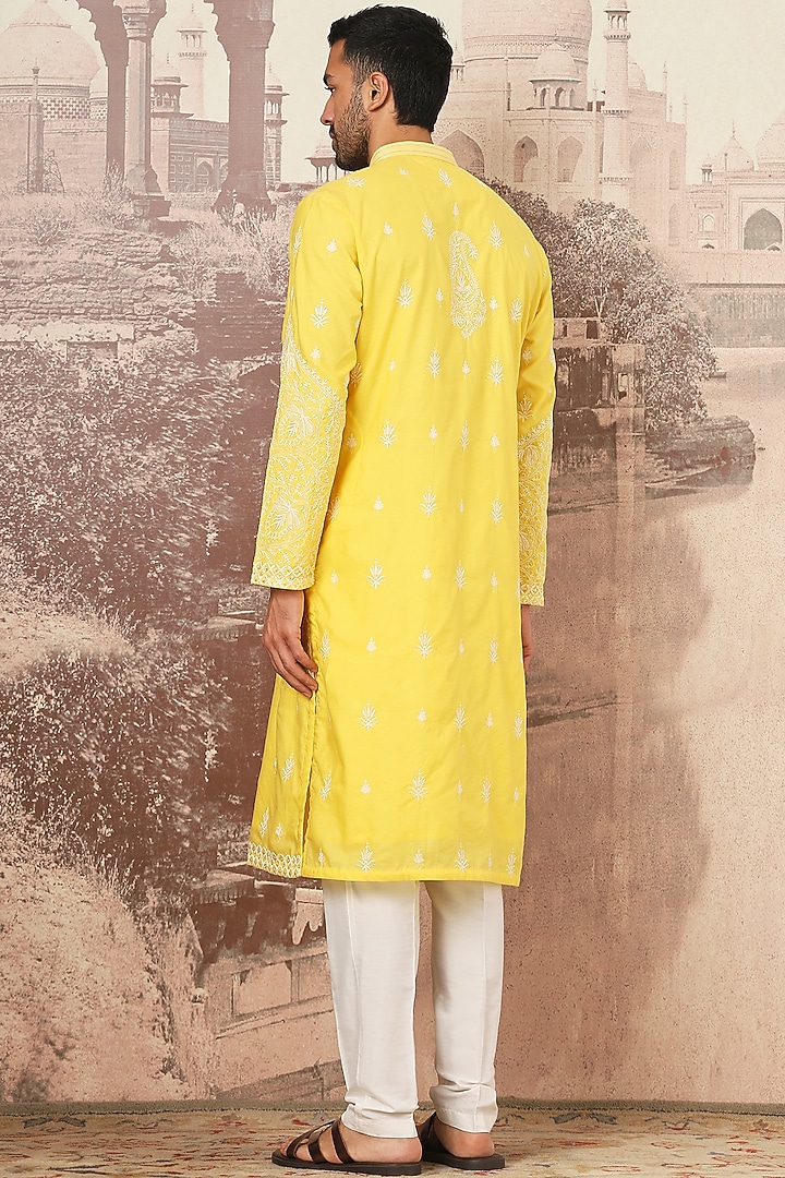 Yellow Chanderi Silk Thread Embroidered Kurta Set by ASUKA at Pernia's Pop Up Shop
