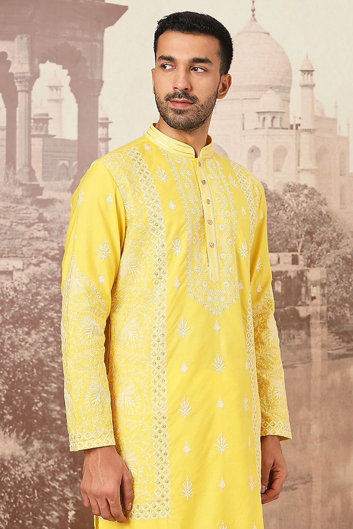 Yellow Chanderi Silk Thread Embroidered Kurta Set by ASUKA at Pernia's Pop Up Shop