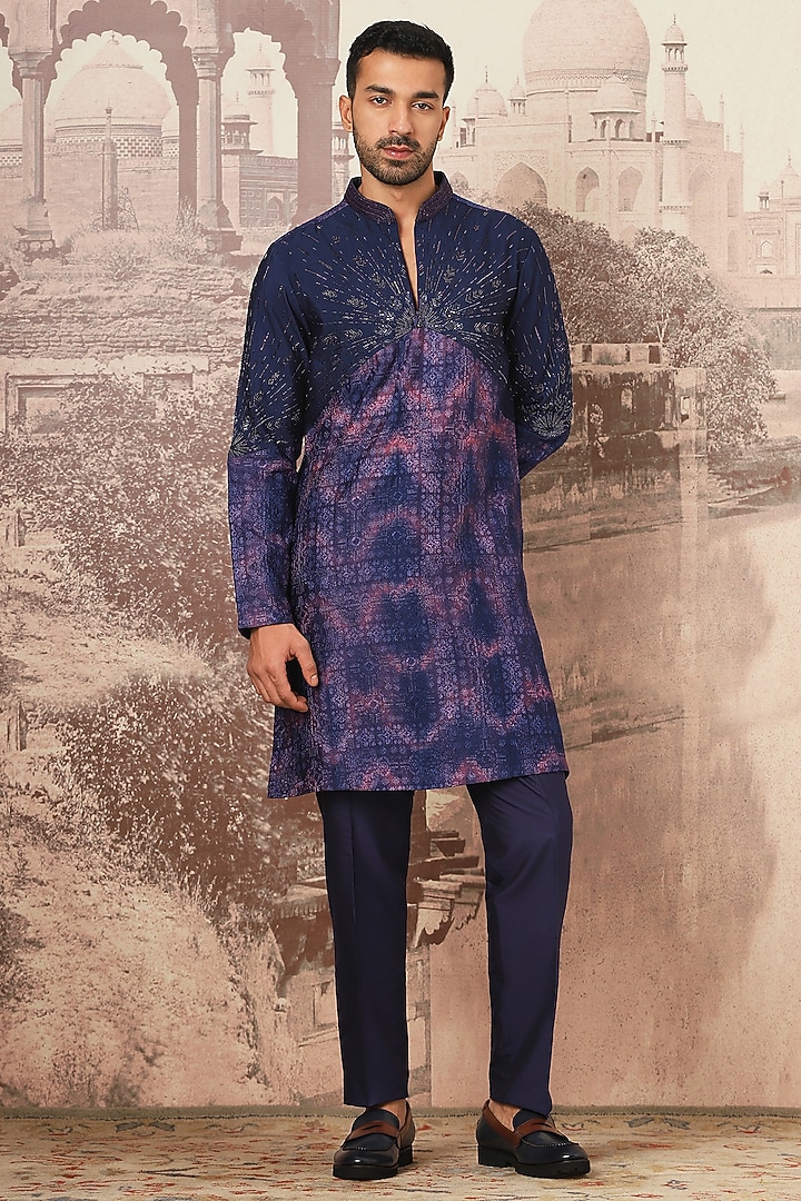 Indigo Chanderi Silk Sequins Embroidered Kurta Set by ASUKA at Pernia's Pop Up Shop