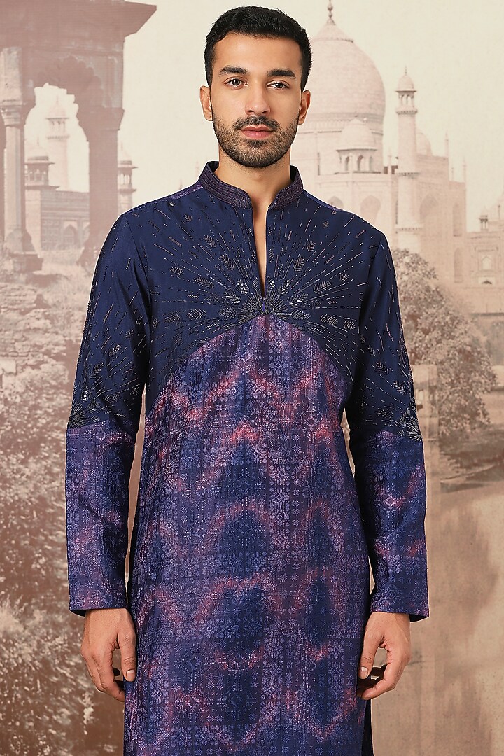 Indigo Chanderi Silk Sequins Embroidered Kurta Set by ASUKA at Pernia's Pop Up Shop