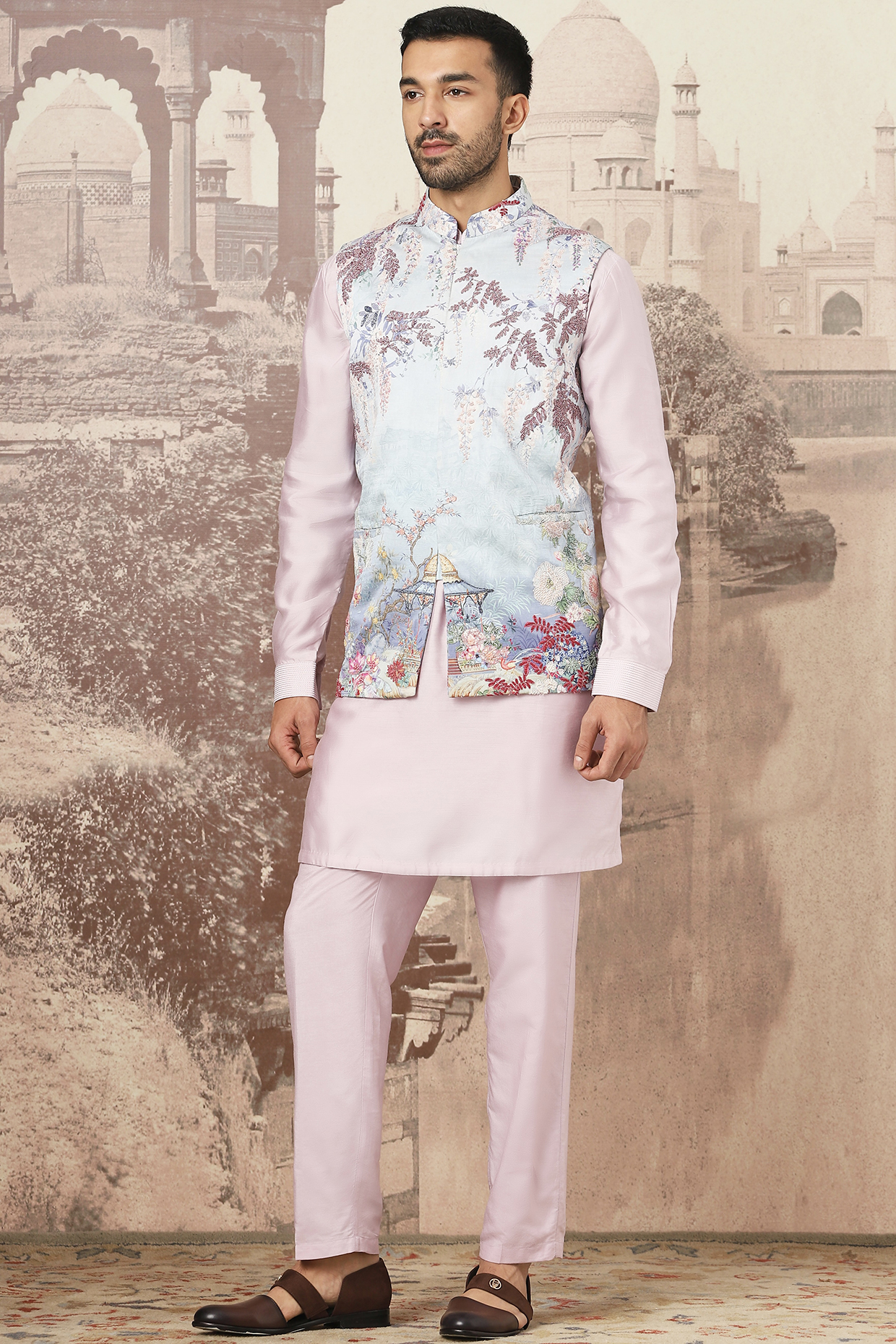 Teal Linen Floral Printed & Cutdana Embroidered Bundi Jacket Set by ASUKA