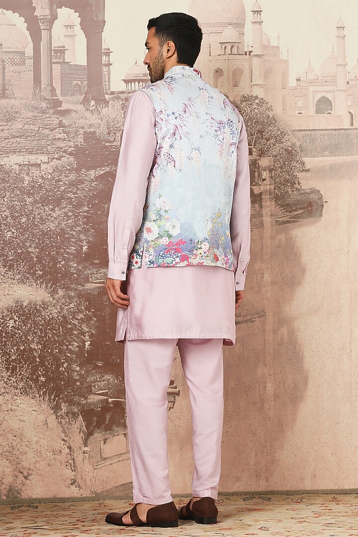 Teal Linen Floral Printed & Cutdana Embroidered Bundi Jacket Set by ASUKA at Pernia's Pop Up Shop