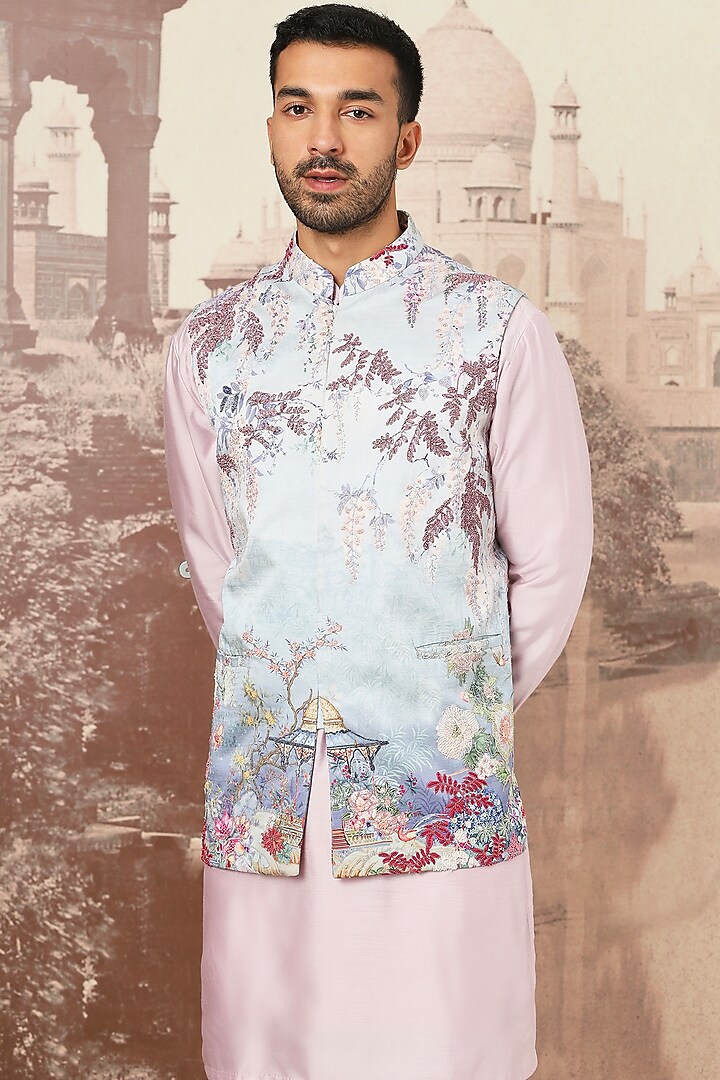 Teal Linen Floral Printed & Cutdana Embroidered Bundi Jacket Set by ASUKA at Pernia's Pop Up Shop