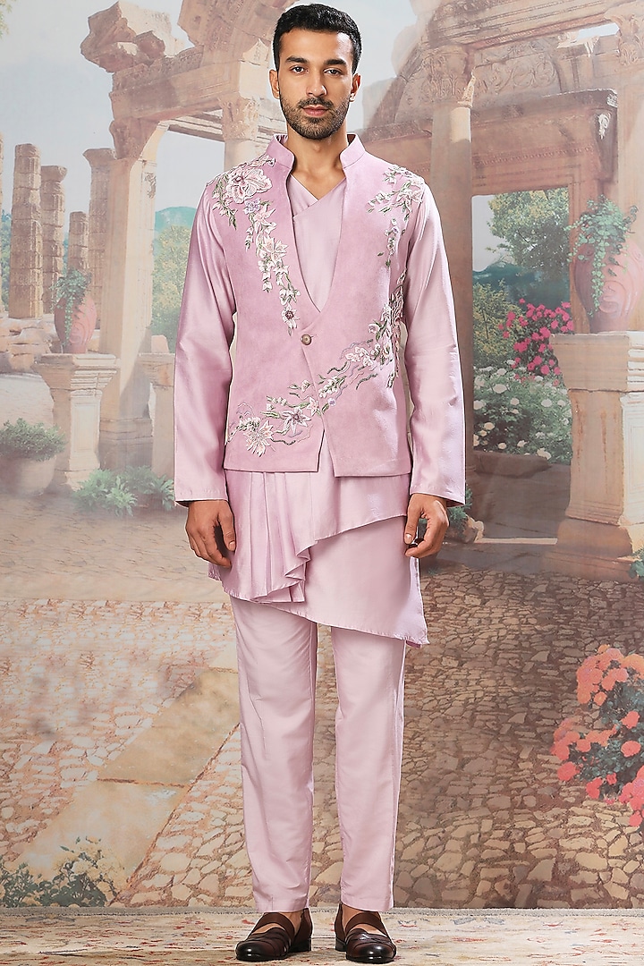 Lilac Velvet Cutdana Embroidered Asymmetric Bundi Jacket Set by ASUKA at Pernia's Pop Up Shop