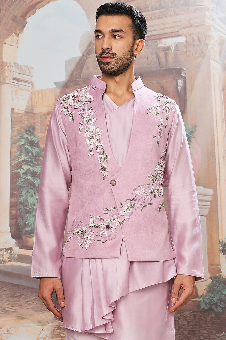 Lilac Velvet Cutdana Embroidered Asymmetric Bundi Jacket Set by ASUKA at Pernia's Pop Up Shop