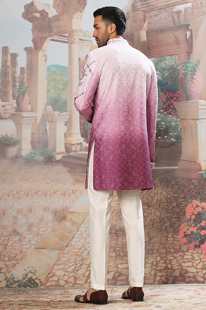 Lilac Ombre Chanderi Silk Resham Embroidered Wedding Indowestern Set by ASUKA at Pernia's Pop Up Shop
