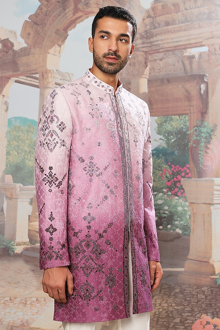 Lilac Ombre Chanderi Silk Resham Embroidered Wedding Indowestern Set by ASUKA at Pernia's Pop Up Shop