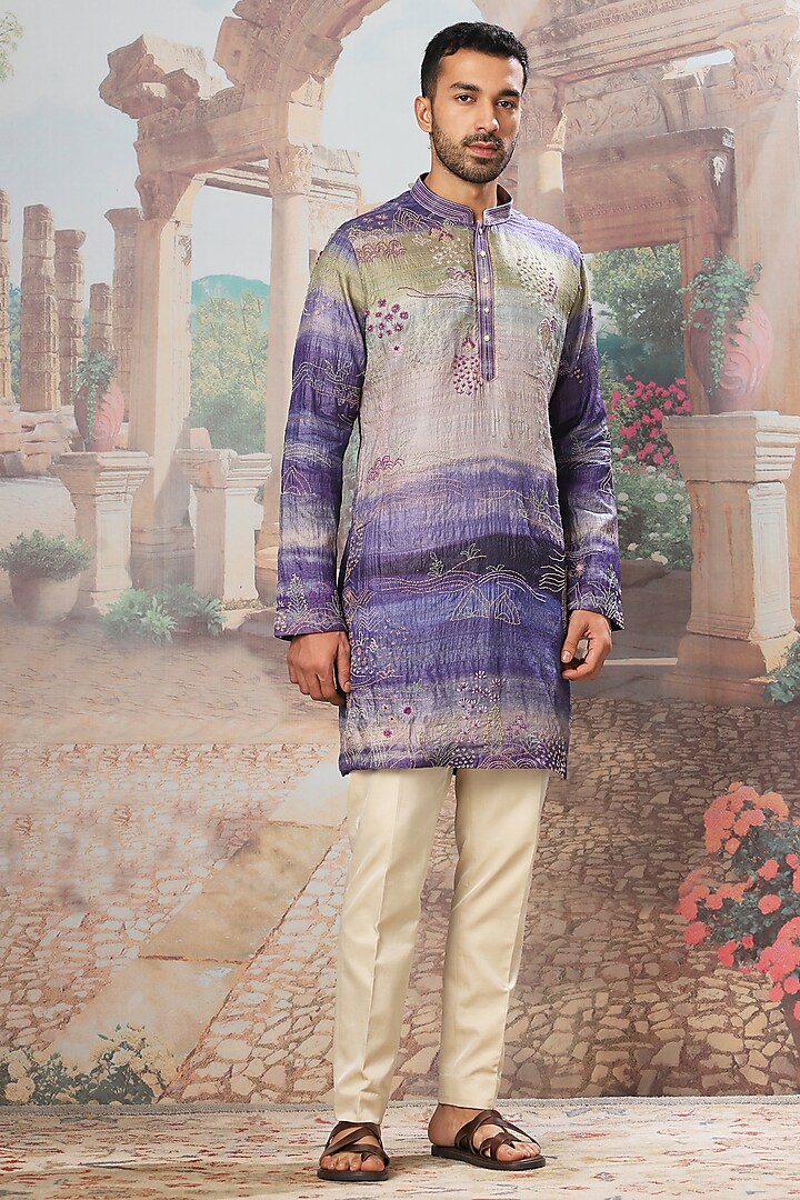 Periwinkle Ombre Tussar Silk Hand Embroidered Kurta  Set by ASUKA at Pernia's Pop Up Shop