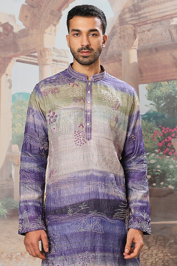 Periwinkle Ombre Tussar Silk Hand Embroidered Kurta  Set by ASUKA at Pernia's Pop Up Shop