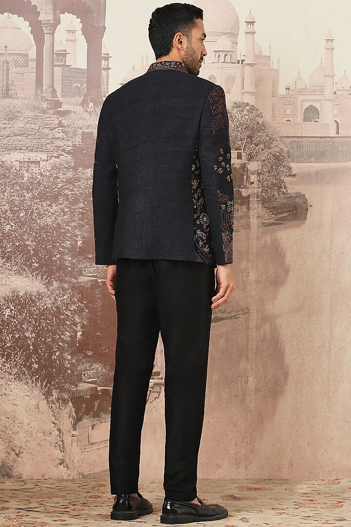 Black Linen Embroidered Wedding Bandhgala Set by ASUKA at Pernia's Pop Up Shop