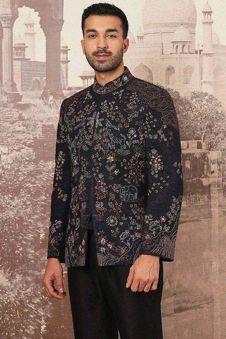 Black Linen Embroidered Wedding Bandhgala Set by ASUKA at Pernia's Pop Up Shop