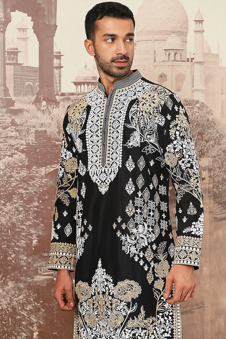 Black Chanderi Silk Dori Embroidered Kurta Set by ASUKA at Pernia's Pop Up Shop