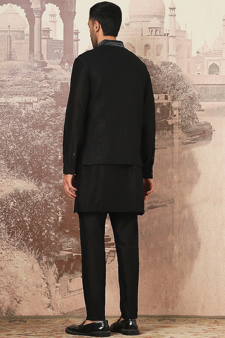 Black Cotton Linen Kantha Embroidered Bundi Jacket Set by ASUKA at Pernia's Pop Up Shop