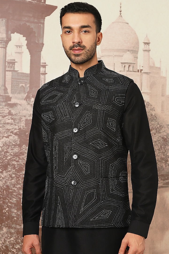 Black Cotton Linen Kantha Embroidered Bundi Jacket Set by ASUKA at Pernia's Pop Up Shop