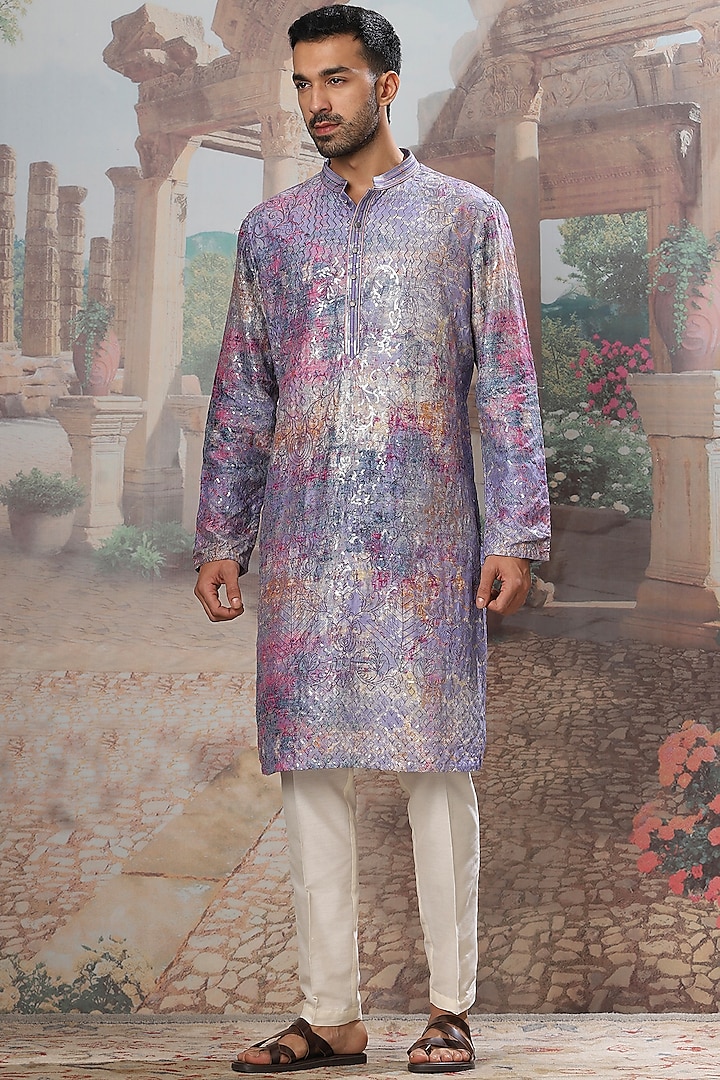 Lavender Silk Digital Printed & Resham Embroidered Kurta Set by ASUKA at Pernia's Pop Up Shop