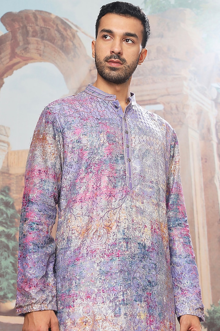 Lavender Silk Digital Printed & Resham Embroidered Kurta Set by ASUKA at Pernia's Pop Up Shop
