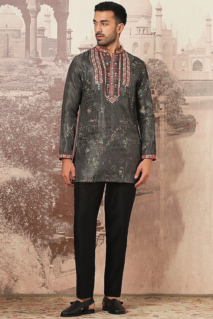 Green Silk Printed & Mirror Embroidered Kurta Set by ASUKA at Pernia's Pop Up Shop