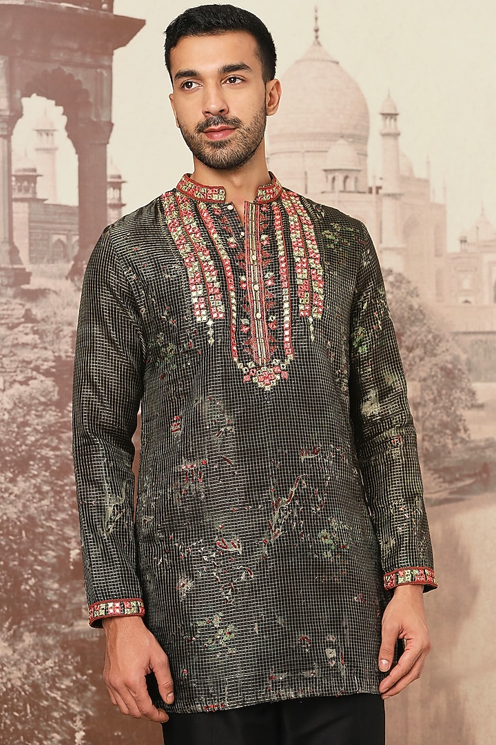 Green Silk Printed & Mirror Embroidered Kurta Set by ASUKA at Pernia's Pop Up Shop