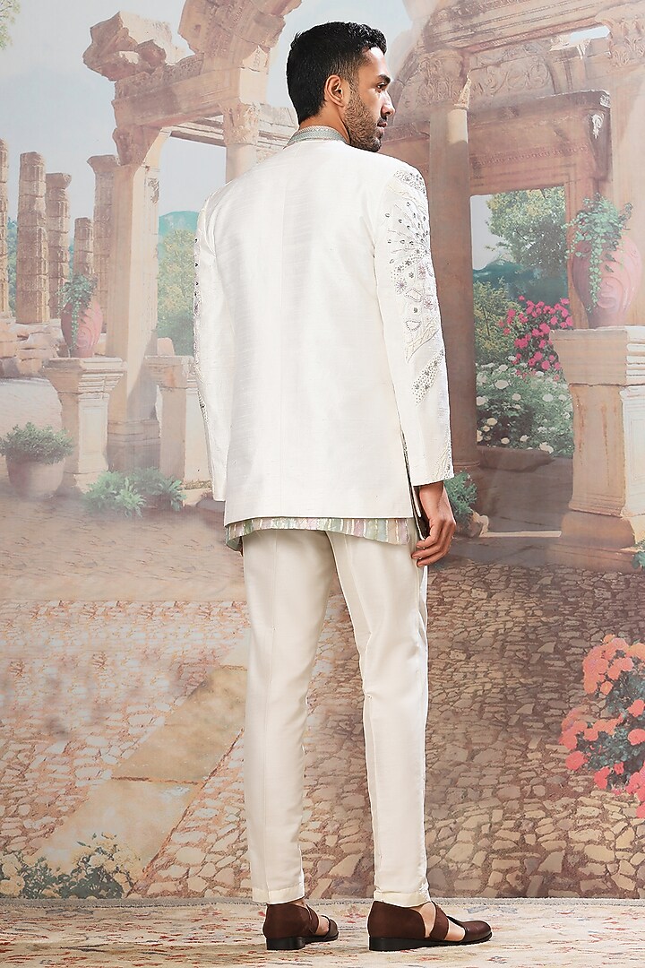 Ivory Raw Silk Cutdana Embroidered Open-Wedding Indowestern Set by ASUKA at Pernia's Pop Up Shop