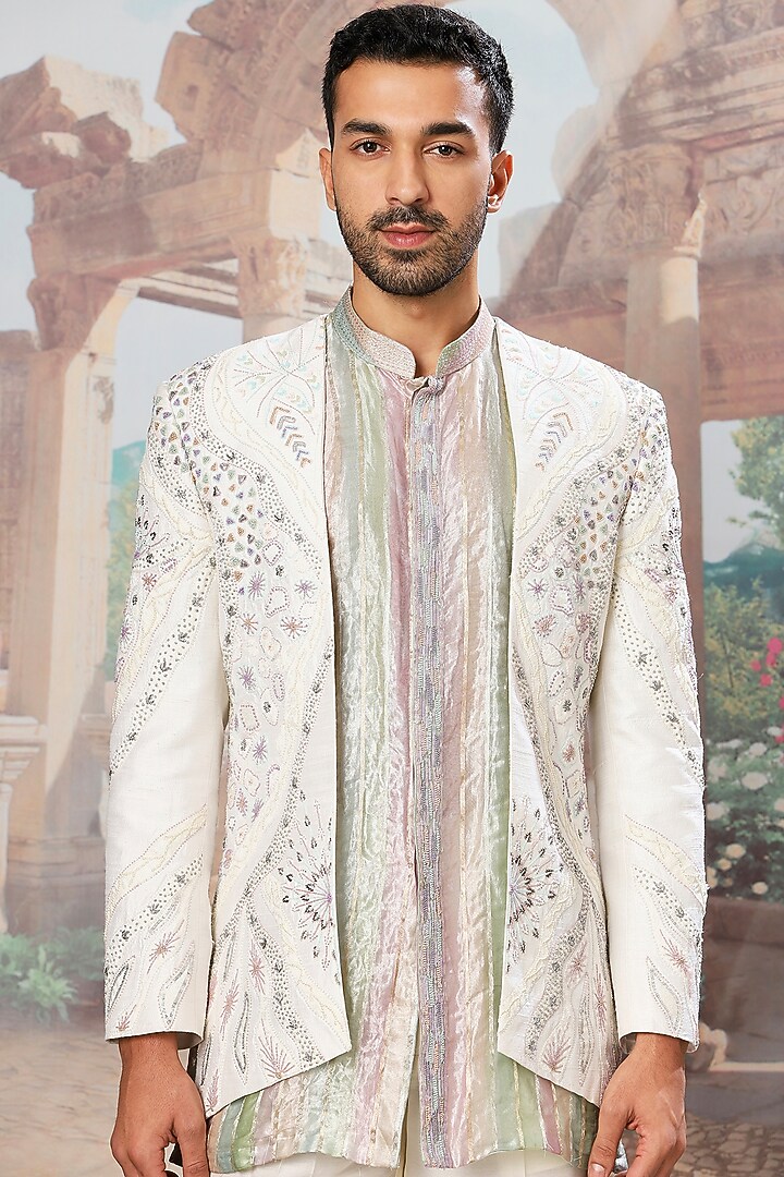 Ivory Raw Silk Cutdana Embroidered Open-Wedding Indowestern Set by ASUKA at Pernia's Pop Up Shop